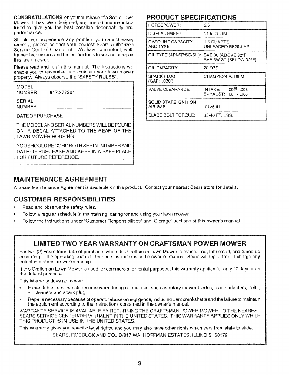 Product specifications, Maintenance agreement, Customer responsibilities | Limited two year warranty on craftsman power mower | Sears 975502 User Manual | Page 3 / 24