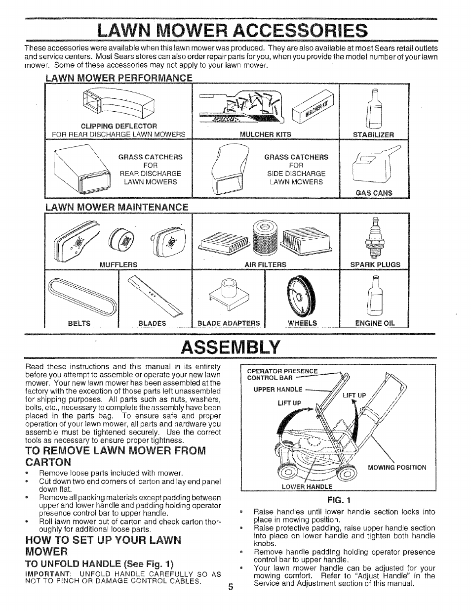 Lawn mower accessories, Assembly, How to set up your lawn mower | Sears 975502 User Manual | Page 5 / 24