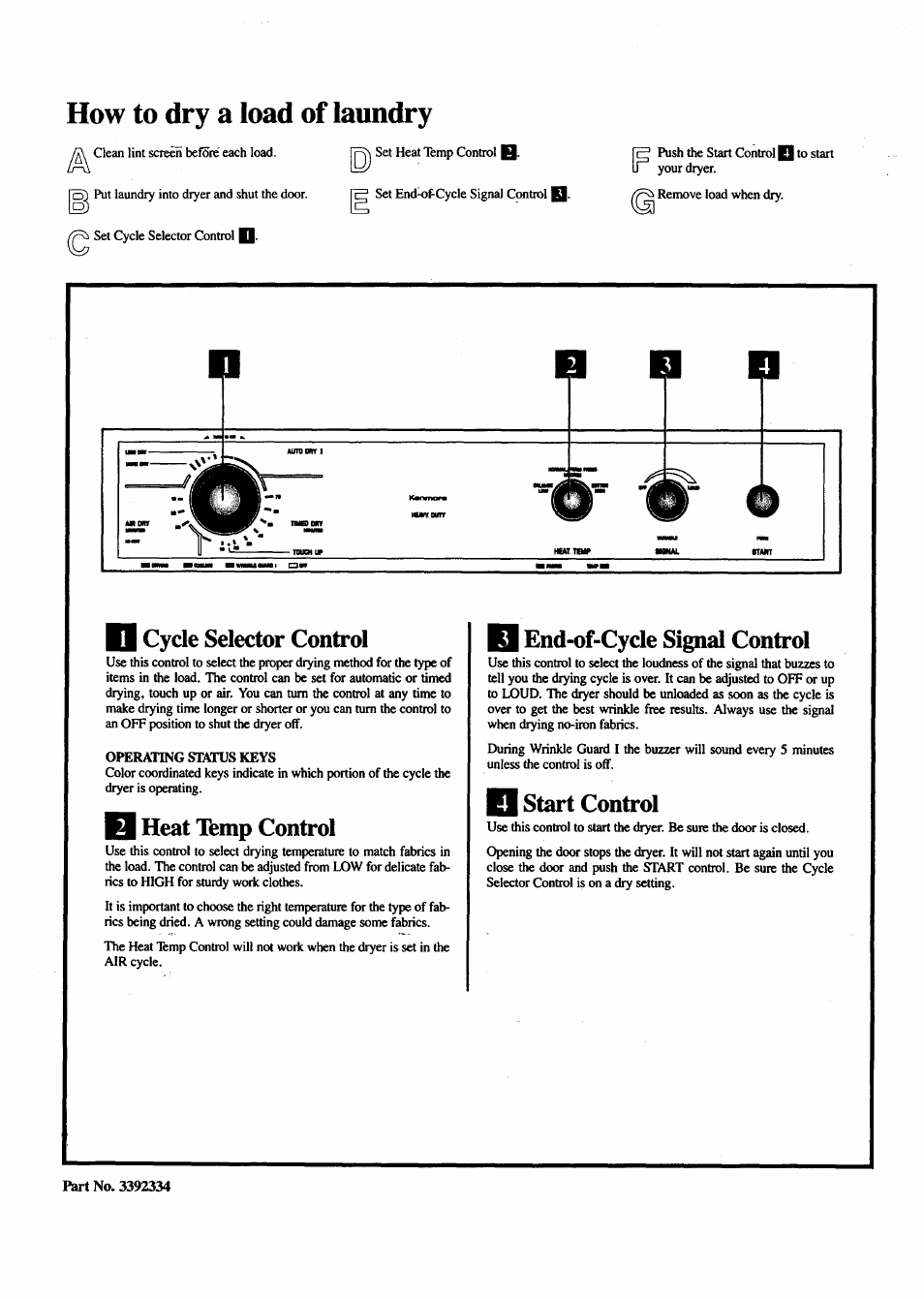 D cycle selector control, Heat lèmp control, Q end-of-cycle signal control | Start control, How to dry a load of laundry | Sears 74781 User Manual | Page 2 / 4
