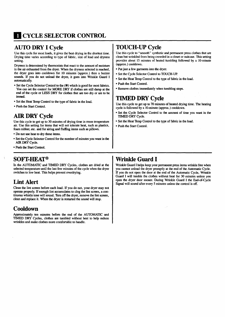 Cycle selector control, Auto dry i cycle, Air dry cycle | Touch-up cycle, Timed dry cycle, Soft-heat, Lint alert, Cooldown, Wrinkle guard i, Cycle selector control auto dry i cycle | Sears 74781 User Manual | Page 3 / 4