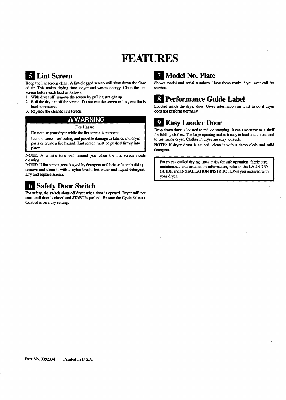 Features, Q lint screen, Awarning | Safety door switch, Q model no. plate, B performance guide label, D loader door | Sears 74781 User Manual | Page 4 / 4