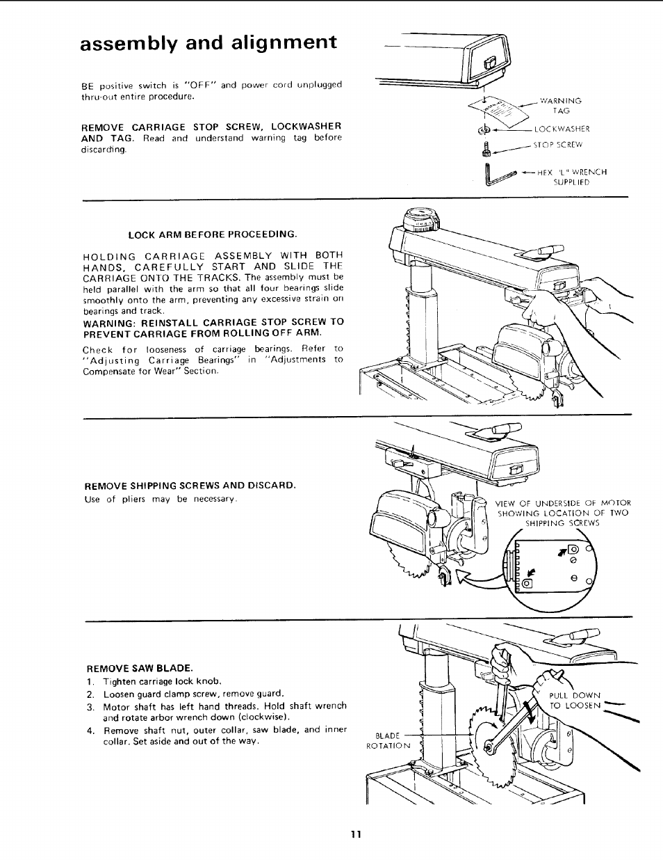 Assembly and alignment | Sears 113.19771 User Manual | Page 11 / 44