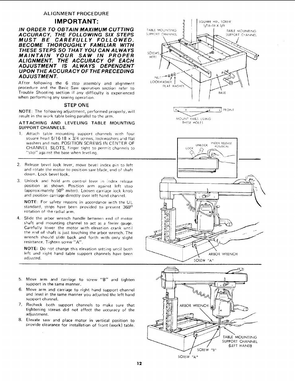 Alignment procedure, Step one, Important | Sears 113.19771 User Manual | Page 12 / 44
