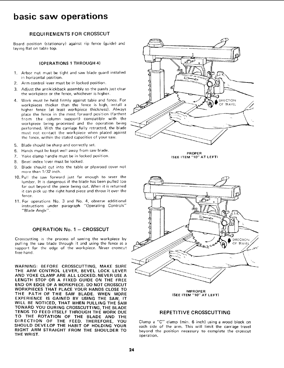 Basic saw operations, Requirements for crosscut, Operation no. 1 - crosscut | Repetitive crosscutting | Sears 113.19771 User Manual | Page 24 / 44