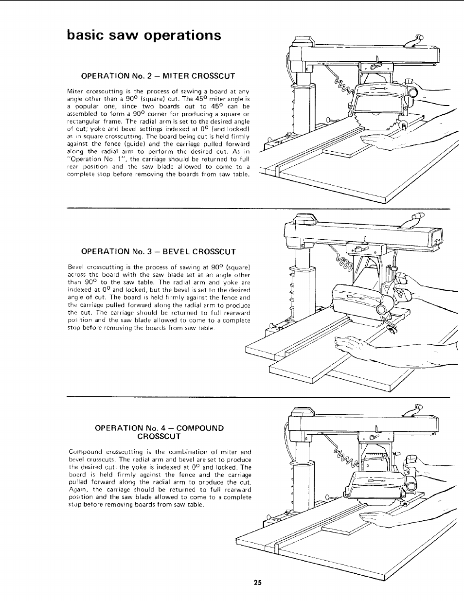 Basic saw operations, Operation no. 2 - miter crosscut, Operation no. 3 - bevel crosscut | Operation no. 4 - compound crosscut | Sears 113.19771 User Manual | Page 25 / 44