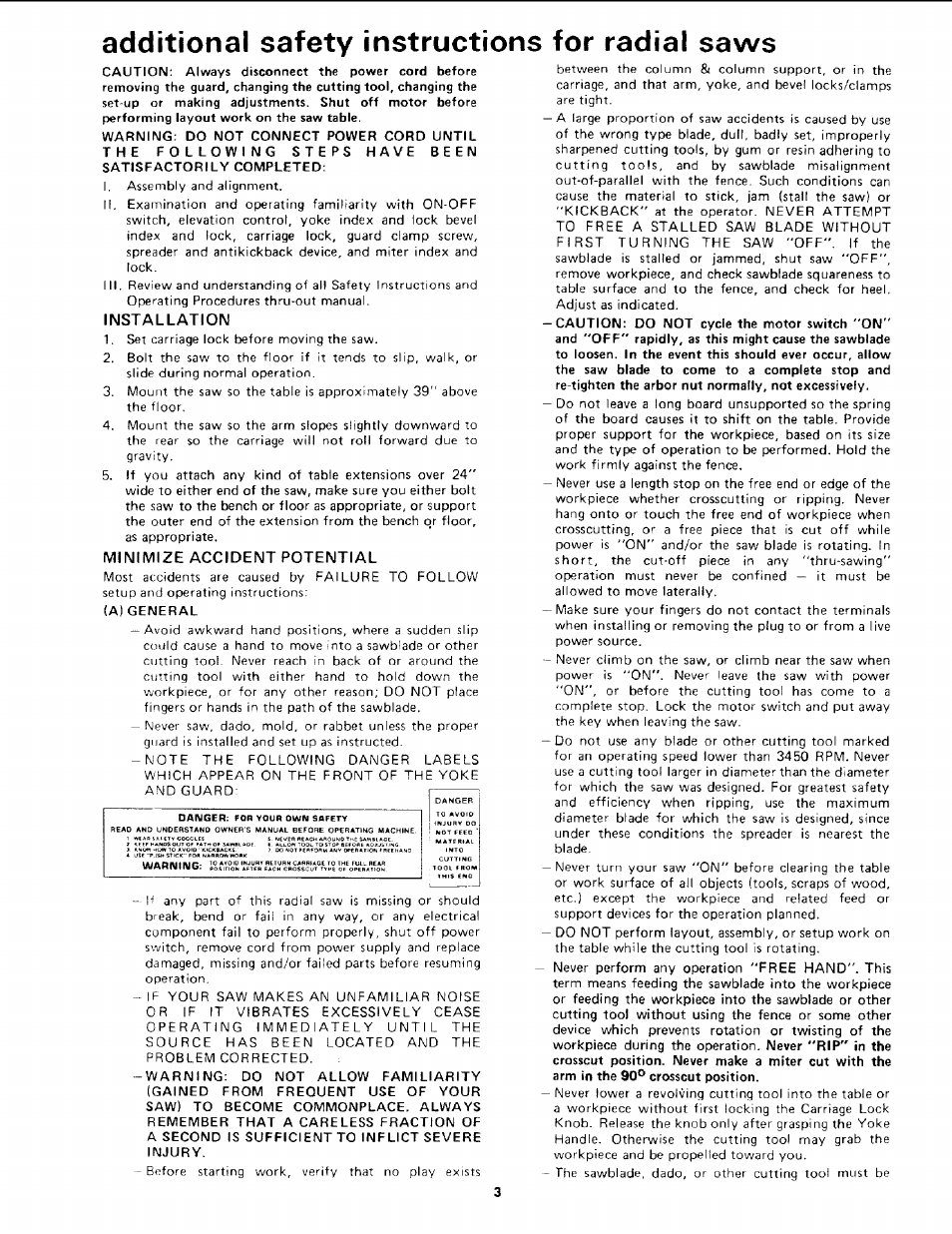 Additional safety instructions for radial saws, Installation, Minimize accident potential | Materfal | Sears 113.19771 User Manual | Page 3 / 44