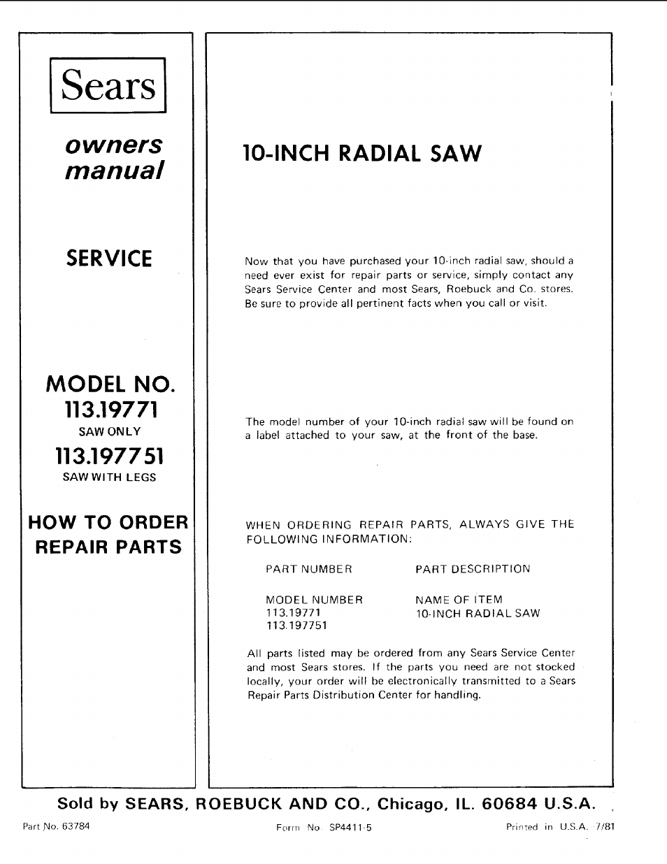 Sears, Service, Model no, 113.19771 | Saw only, Saw with legs, Inch radial saw, Owners manual, How to order repair parts | Sears 113.19771 User Manual | Page 44 / 44