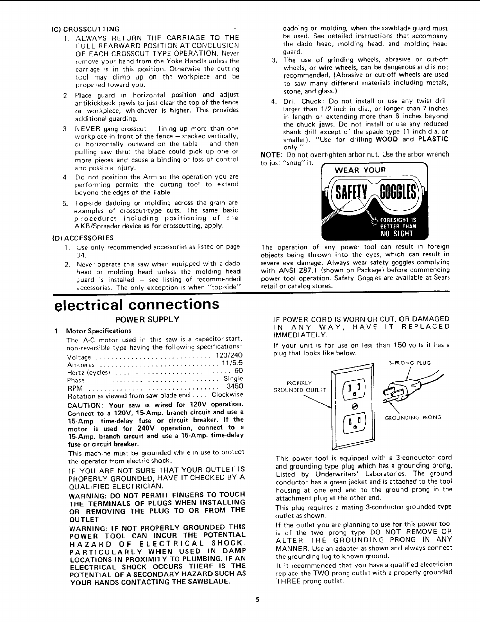 Electrical connections, Power supply | Sears 113.19771 User Manual | Page 5 / 44