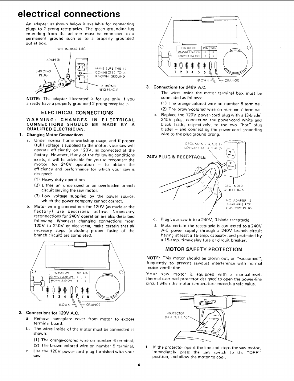 Electrical connections, Motor safety protection | Sears 113.19771 User Manual | Page 6 / 44