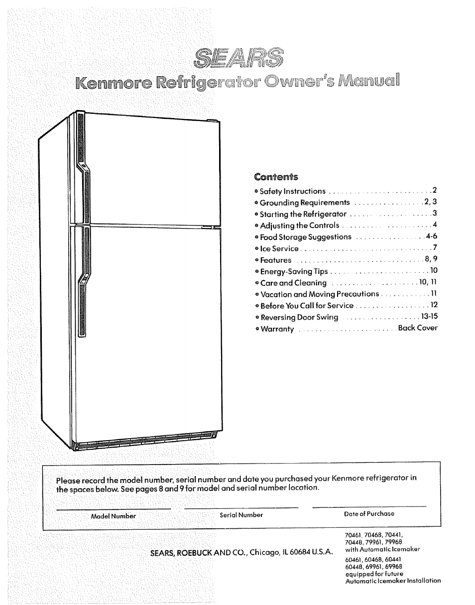 Sears Refrigerator User Manual | 16 pages