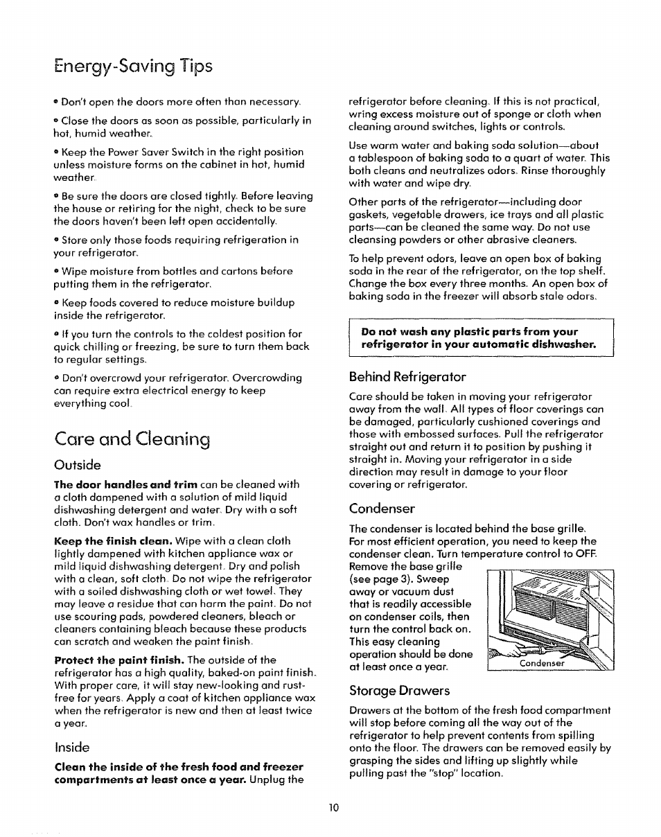 Energy-saving tips, Care and cleaning, Outside | Inside, Behind refrigerator, Condenser, Storage drawers | Sears Refrigerator User Manual | Page 10 / 16