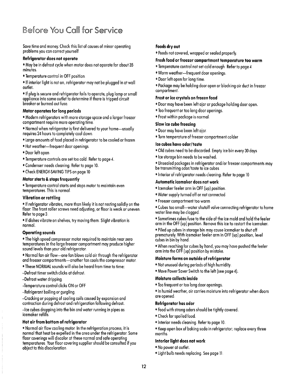 Before you call for service | Sears Refrigerator User Manual | Page 12 / 16