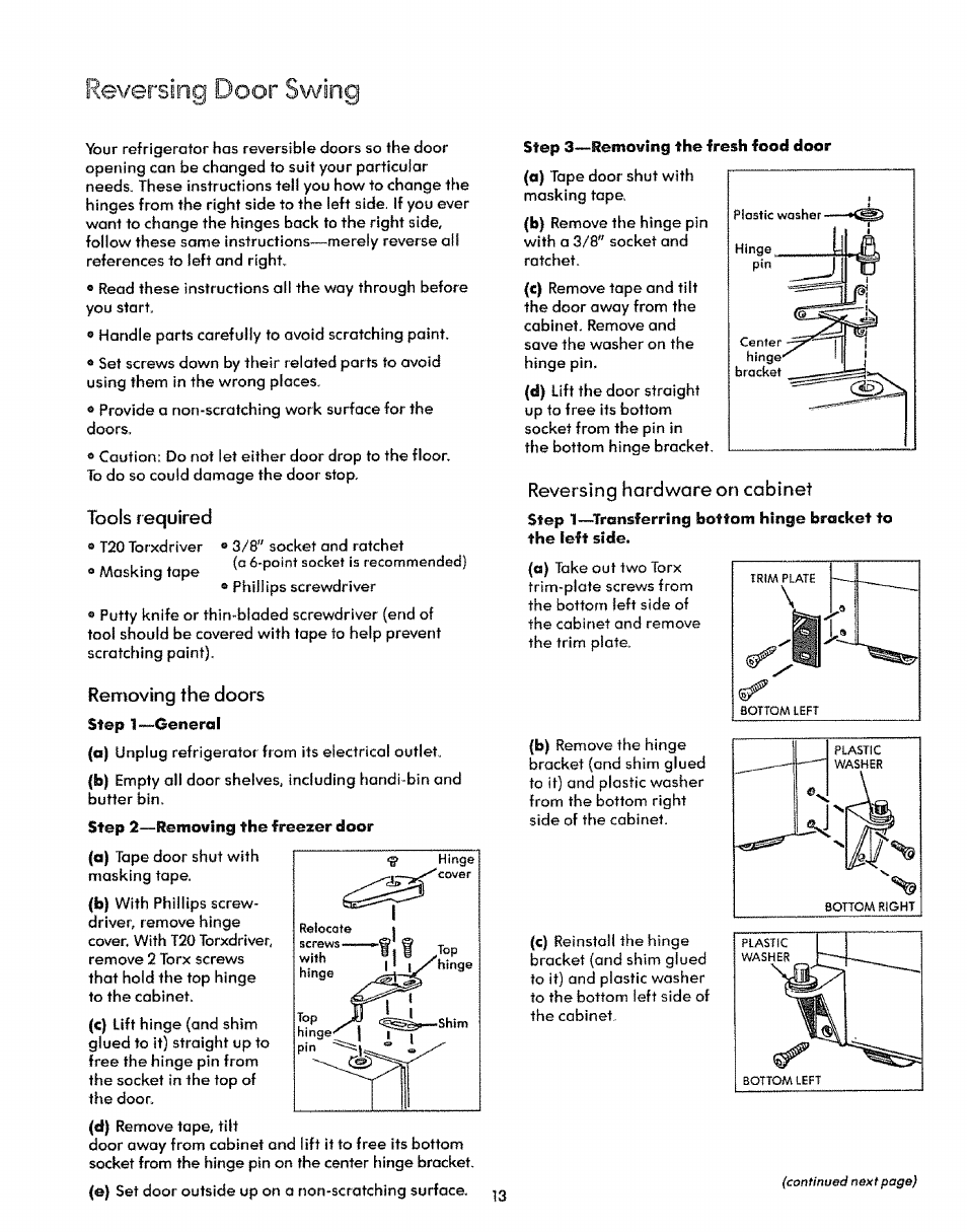 Renrtoving the doors, Reversing hardware on cabinet, Reversing door swing | Sears Refrigerator User Manual | Page 13 / 16