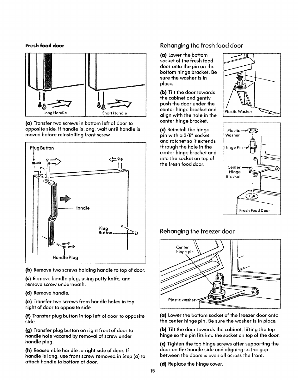 Rehanging the fresh food door, Rehanging the freezer door | Sears Refrigerator User Manual | Page 15 / 16