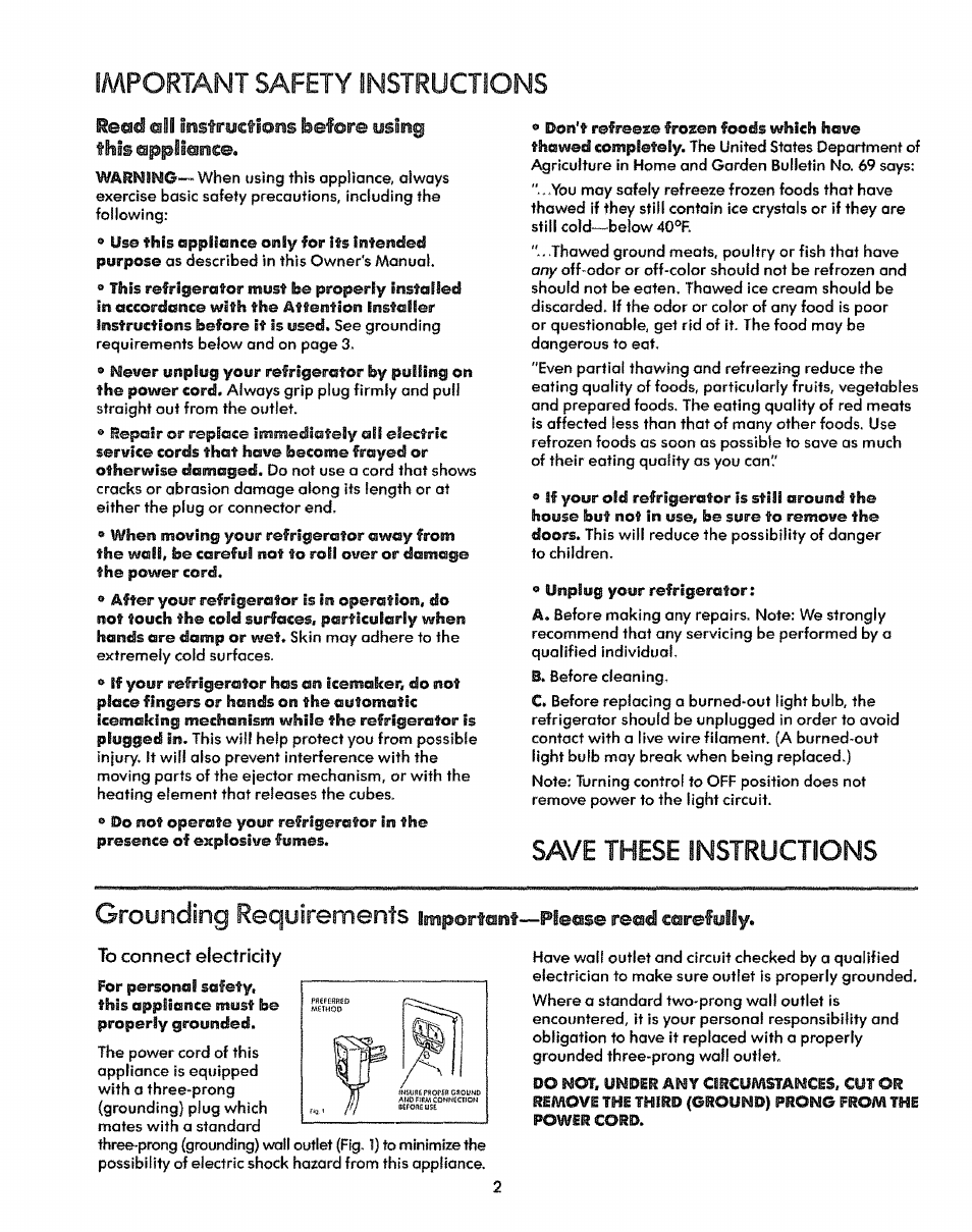 These, Important safety instructions, Save | Instructions, Grounding roquiromonts, Read mii insfryctiens before using this appliance | Sears Refrigerator User Manual | Page 2 / 16