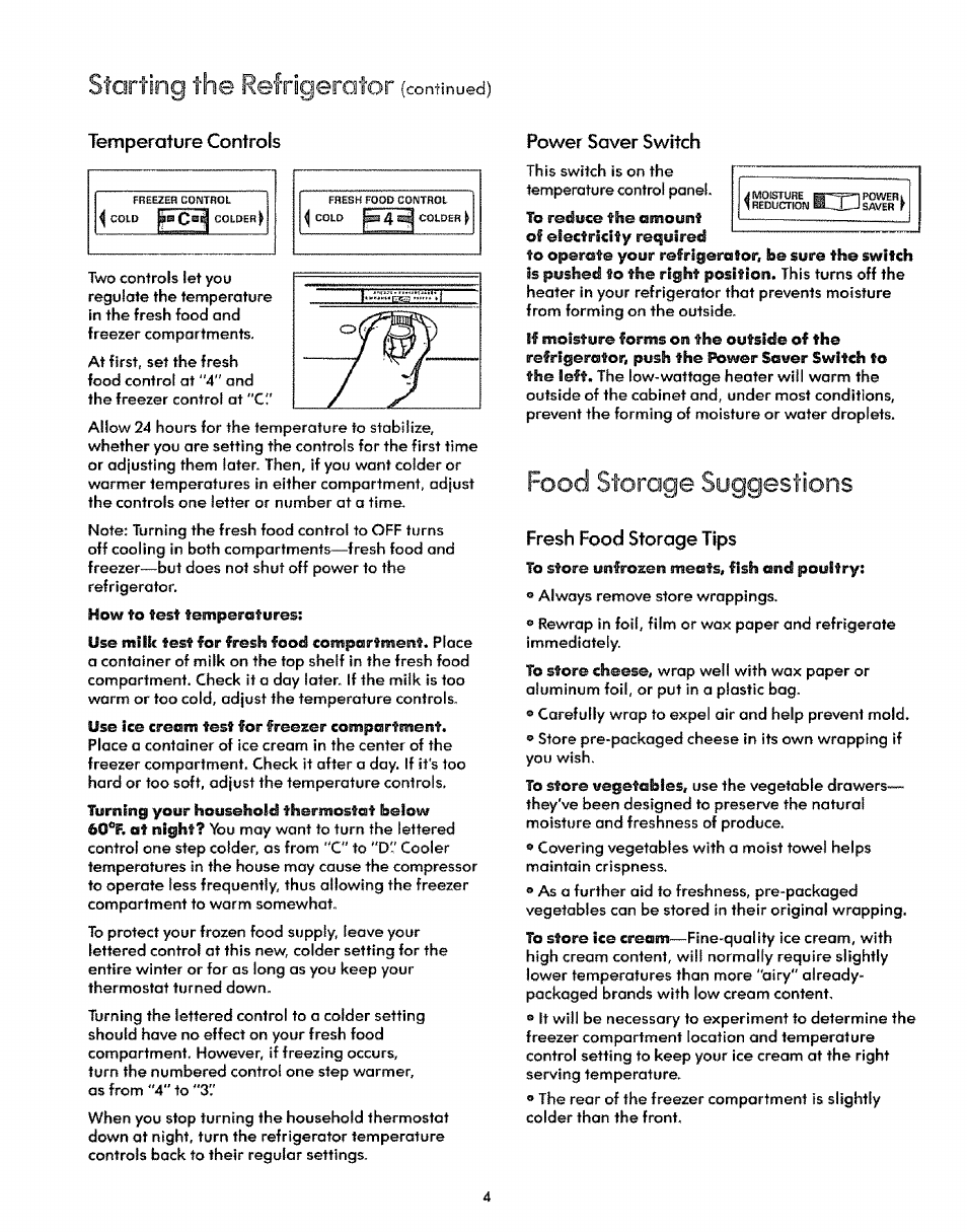 T©inp©rqtur6 controls, Fr©sh pood storoq© tips, Starting the refrigerator | Food storage suggestions | Sears Refrigerator User Manual | Page 4 / 16