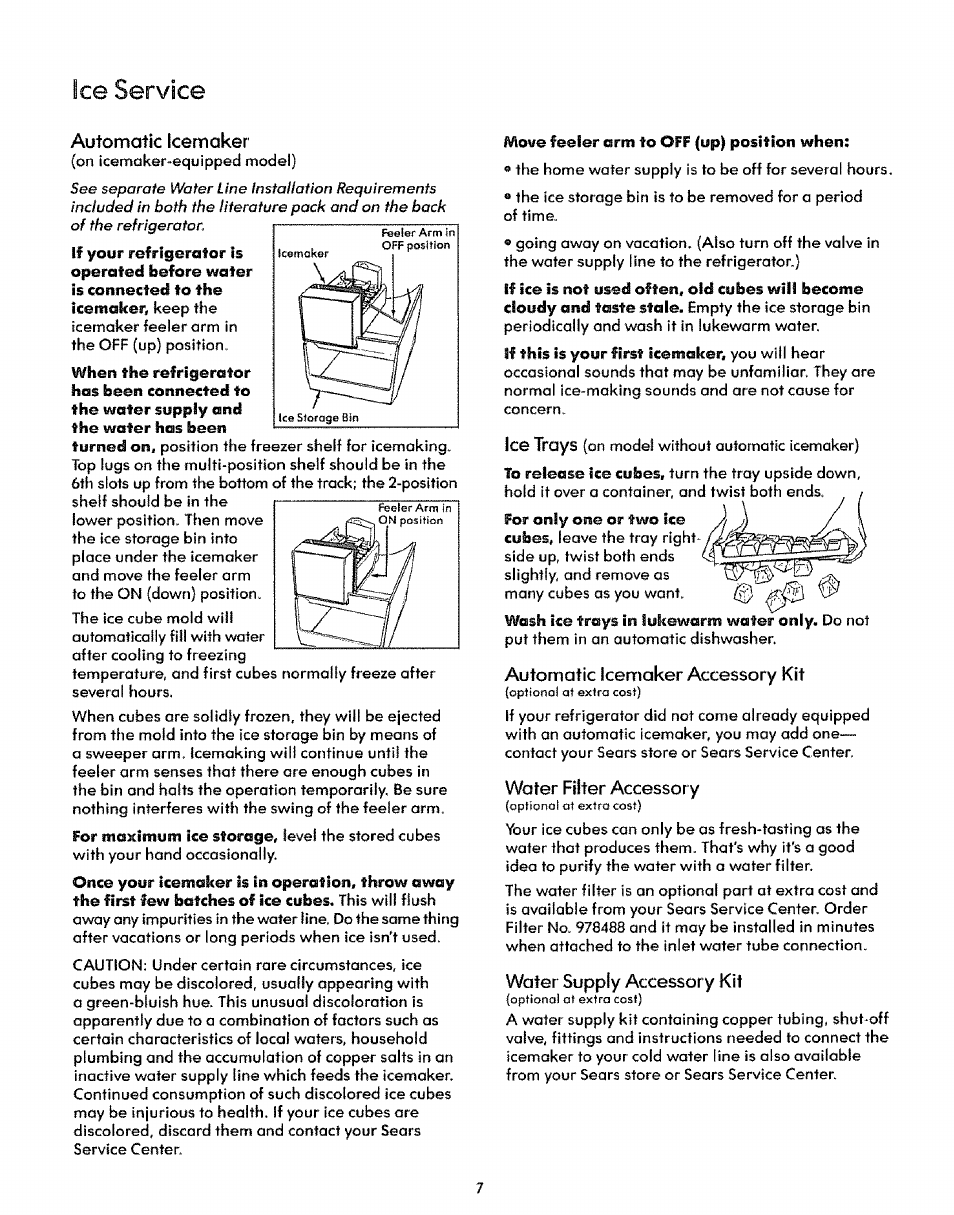 Ice service, Automatic icemaker, Automatic icemaker accessory kit | Water filter accessory, Water supply accessor y kit | Sears Refrigerator User Manual | Page 7 / 16