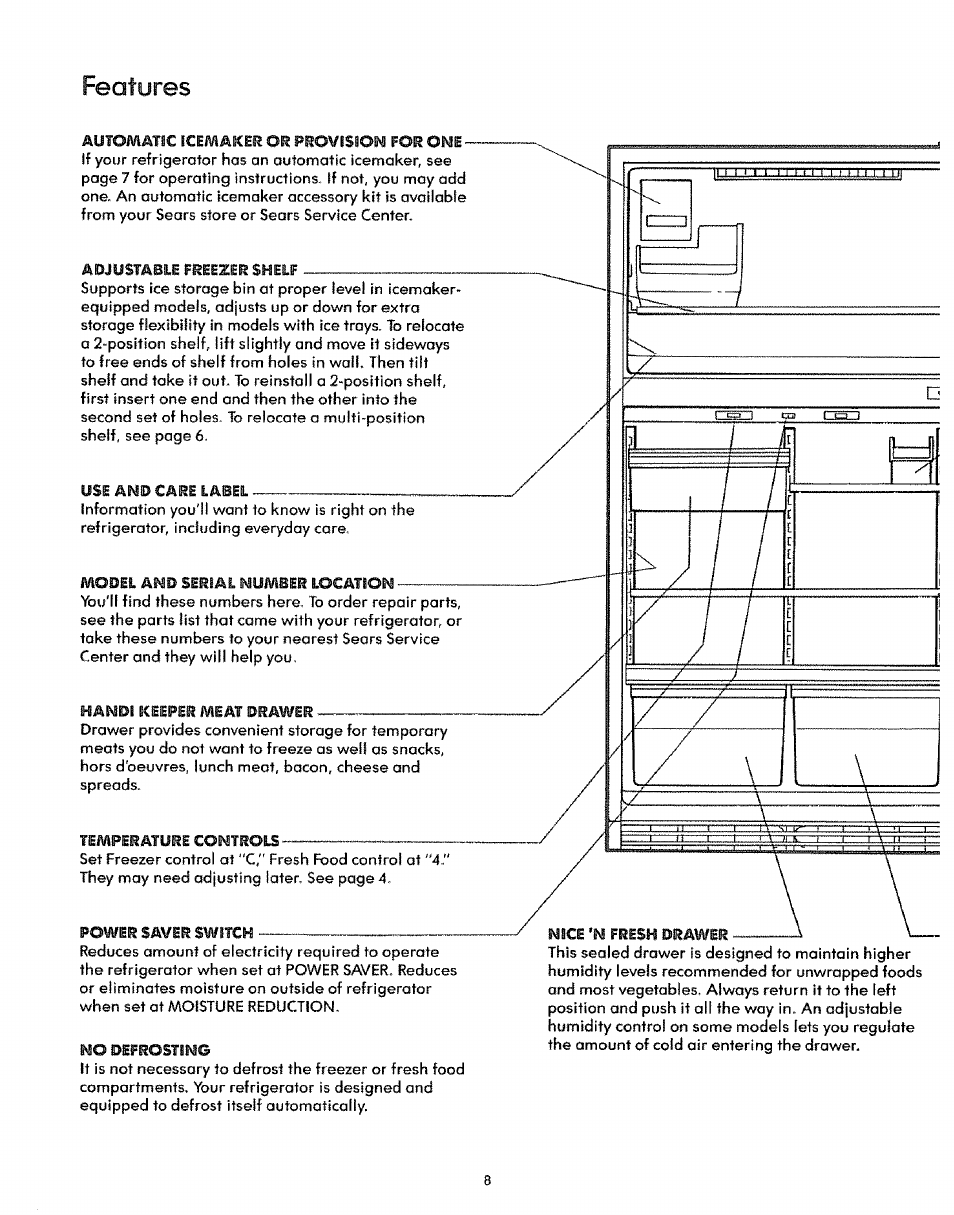 Features, Features ,9 | Sears Refrigerator User Manual | Page 8 / 16