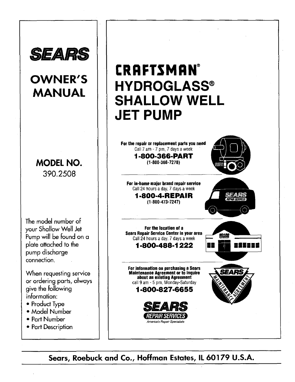 Owner's, Manual, Craftsman | Owner's manual, Hydroglass® shallow well jet pump, Sears, Model no | Sears 390.2508 User Manual | Page 16 / 16