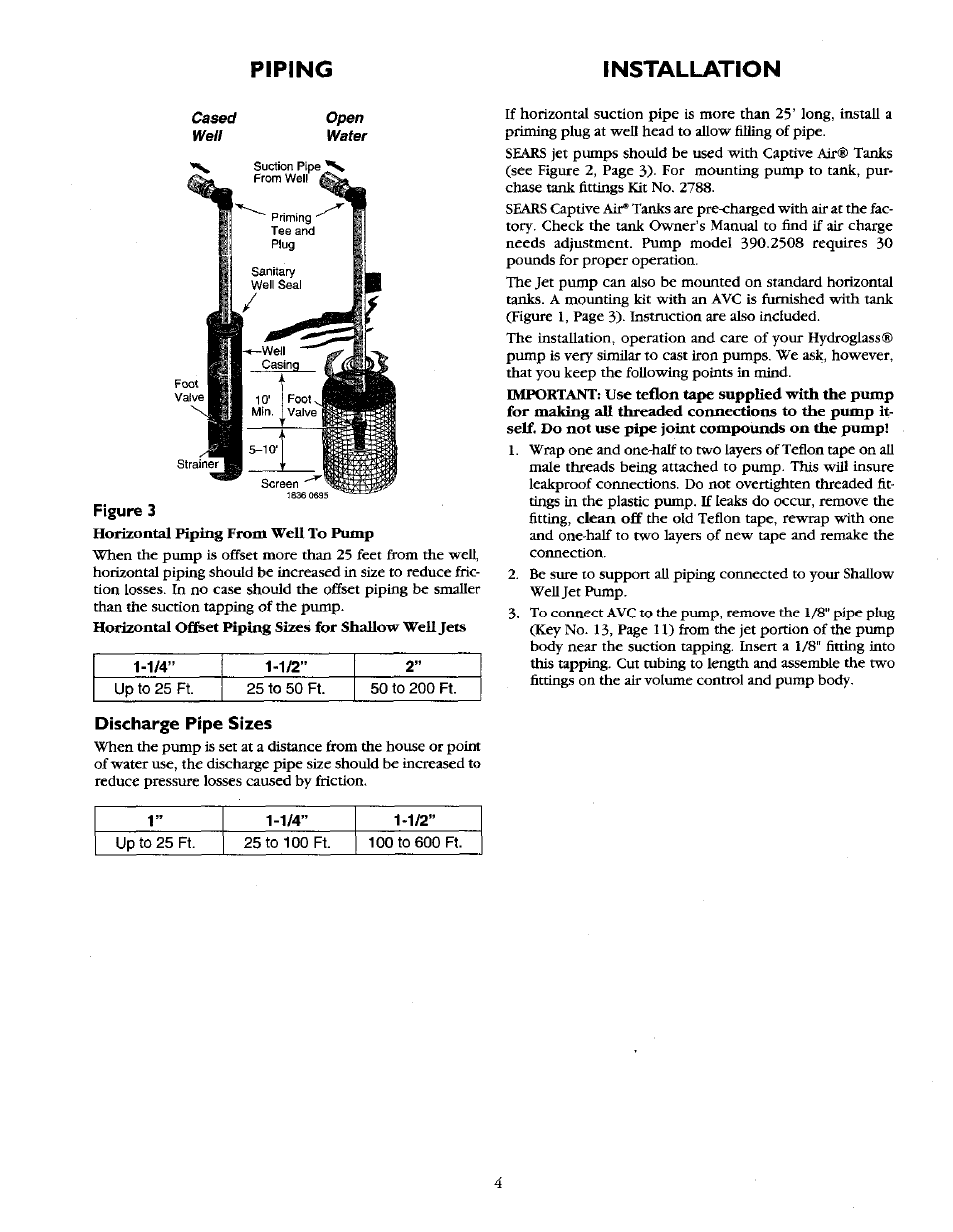 Piping installation | Sears 390.2508 User Manual | Page 4 / 16