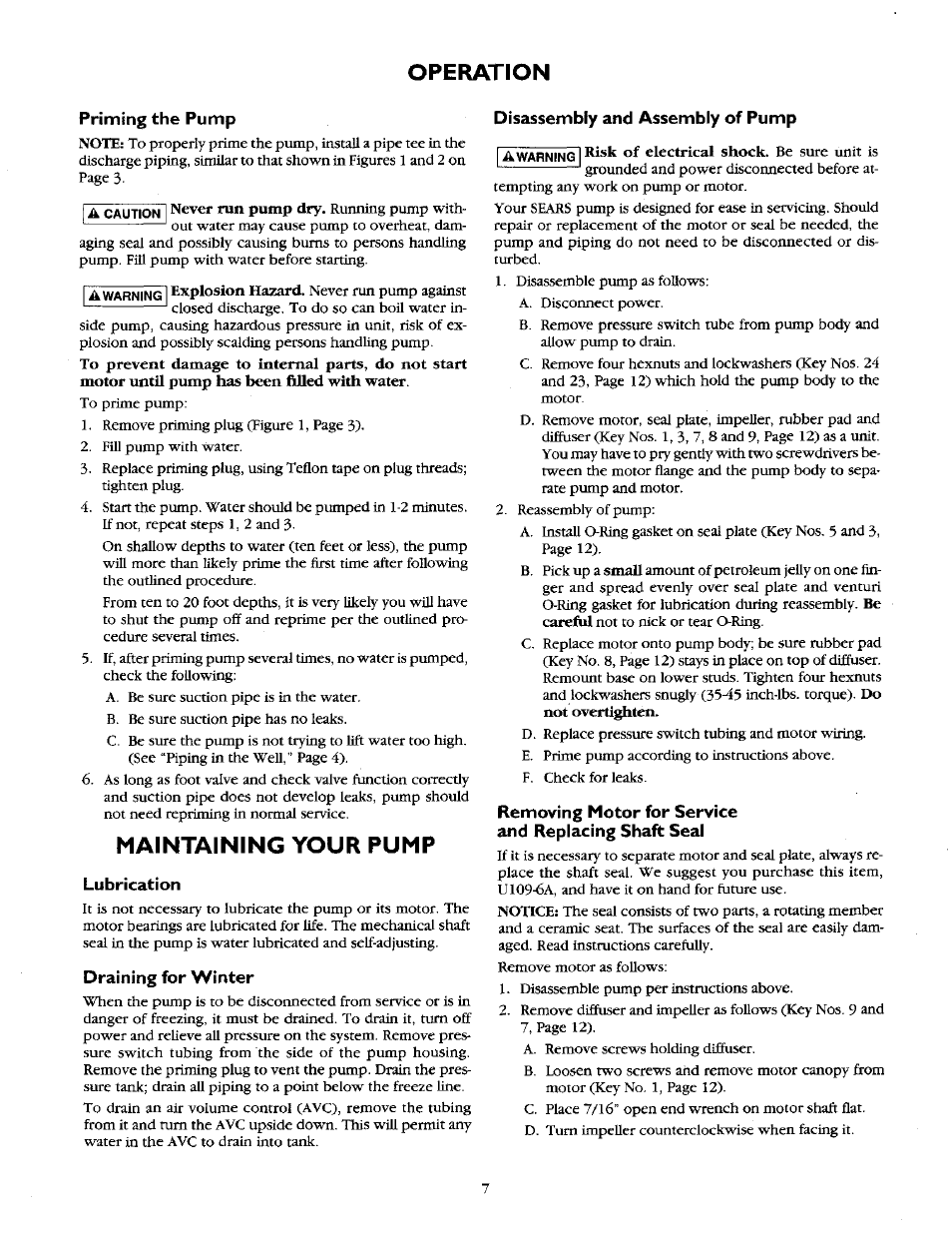 Operation, Maintaining your pump | Sears 390.2508 User Manual | Page 7 / 16