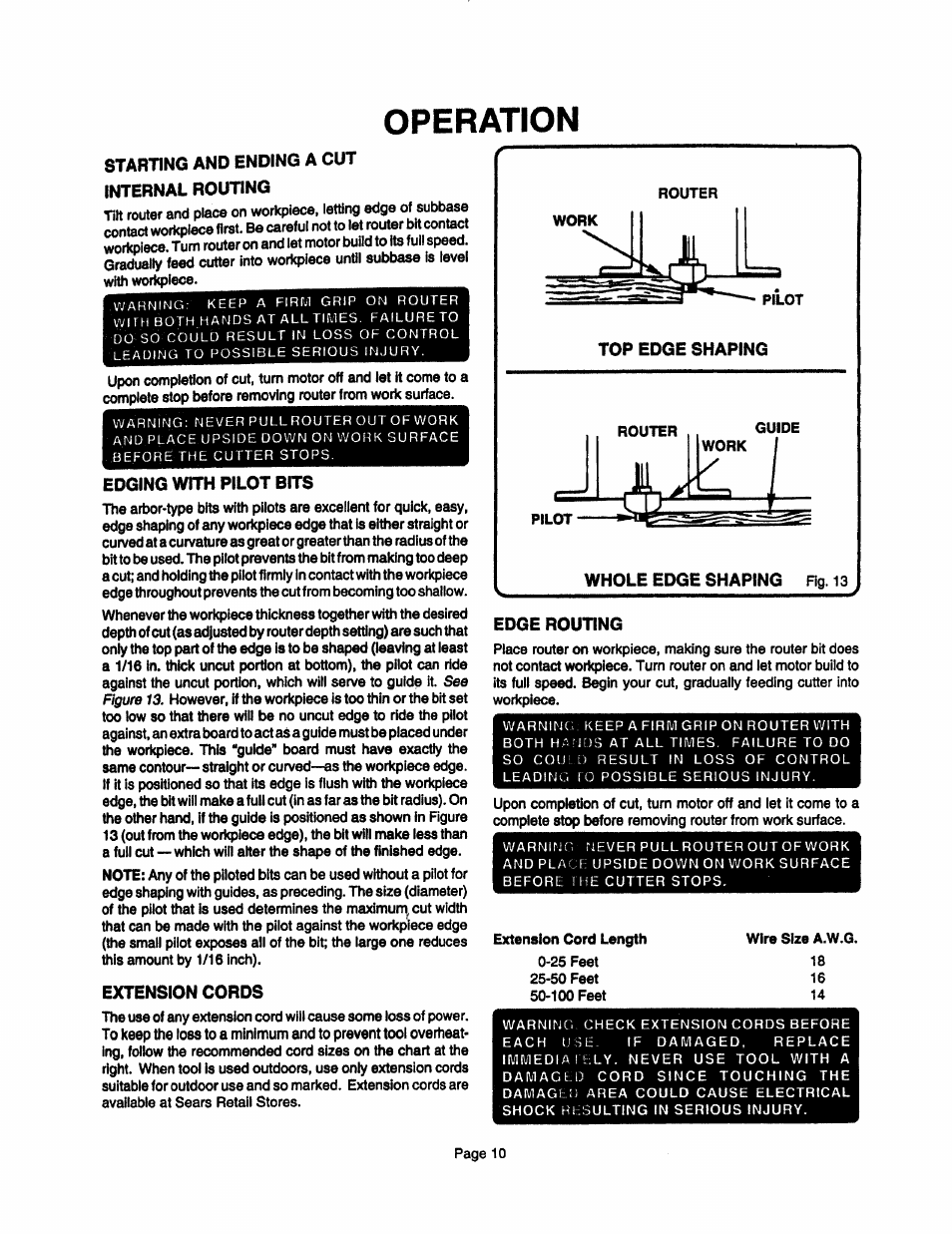 Starting and ending a cut internal routing, Edging with pilot bits, Extension cords | Edge routing, Operation | Sears 315.17473 User Manual | Page 10 / 16