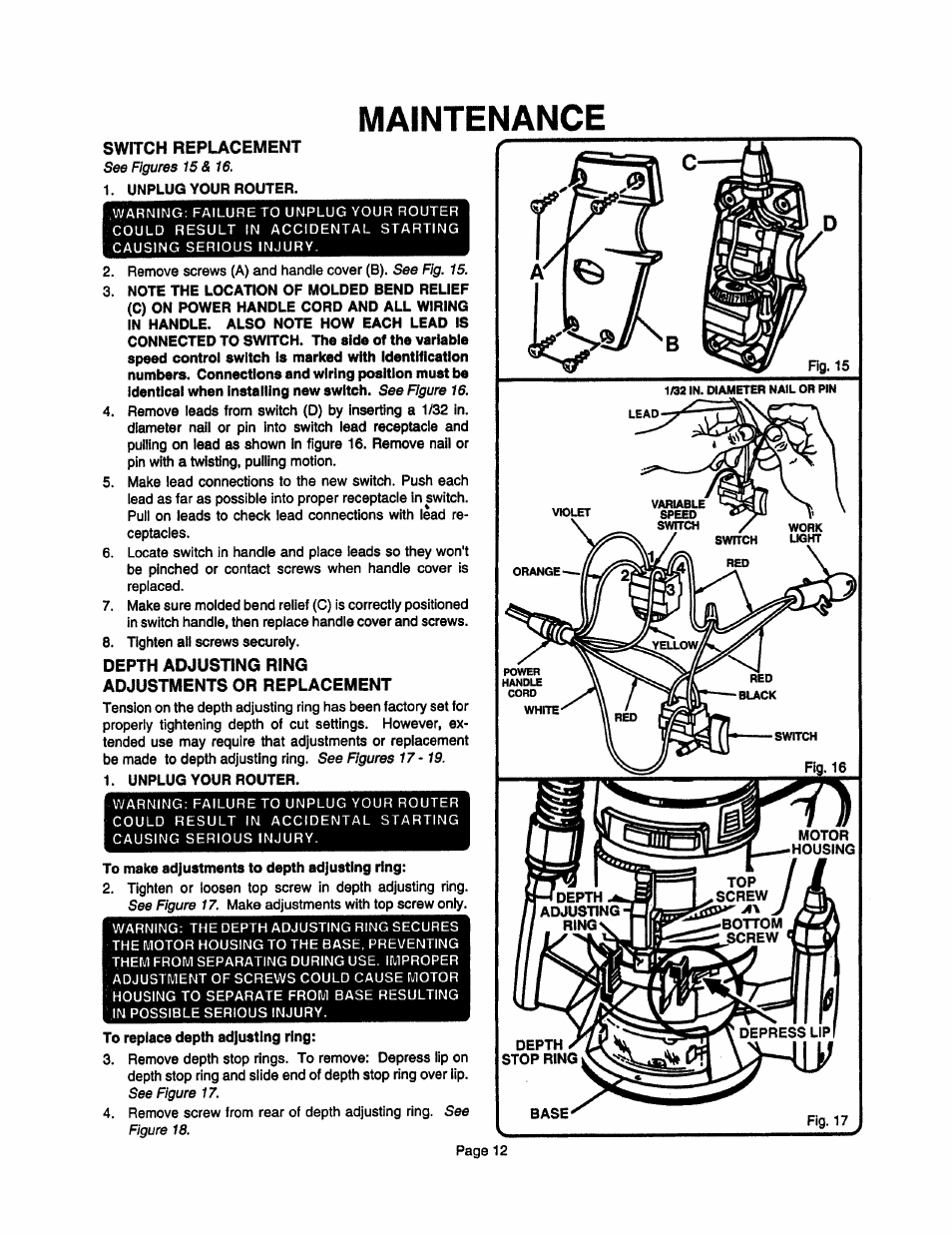 Switch replacement, Depth adjusting ring adjustments or replacement, Maintenance | Sears 315.17473 User Manual | Page 12 / 16