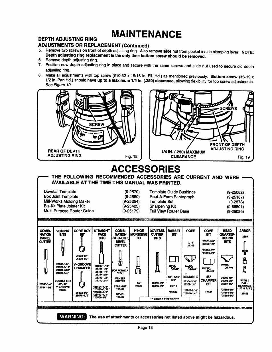 Maintenance, Depth adjusting ring, Adjustments or replacement (continued) | Accessories, Page 13 | Sears 315.17473 User Manual | Page 13 / 16