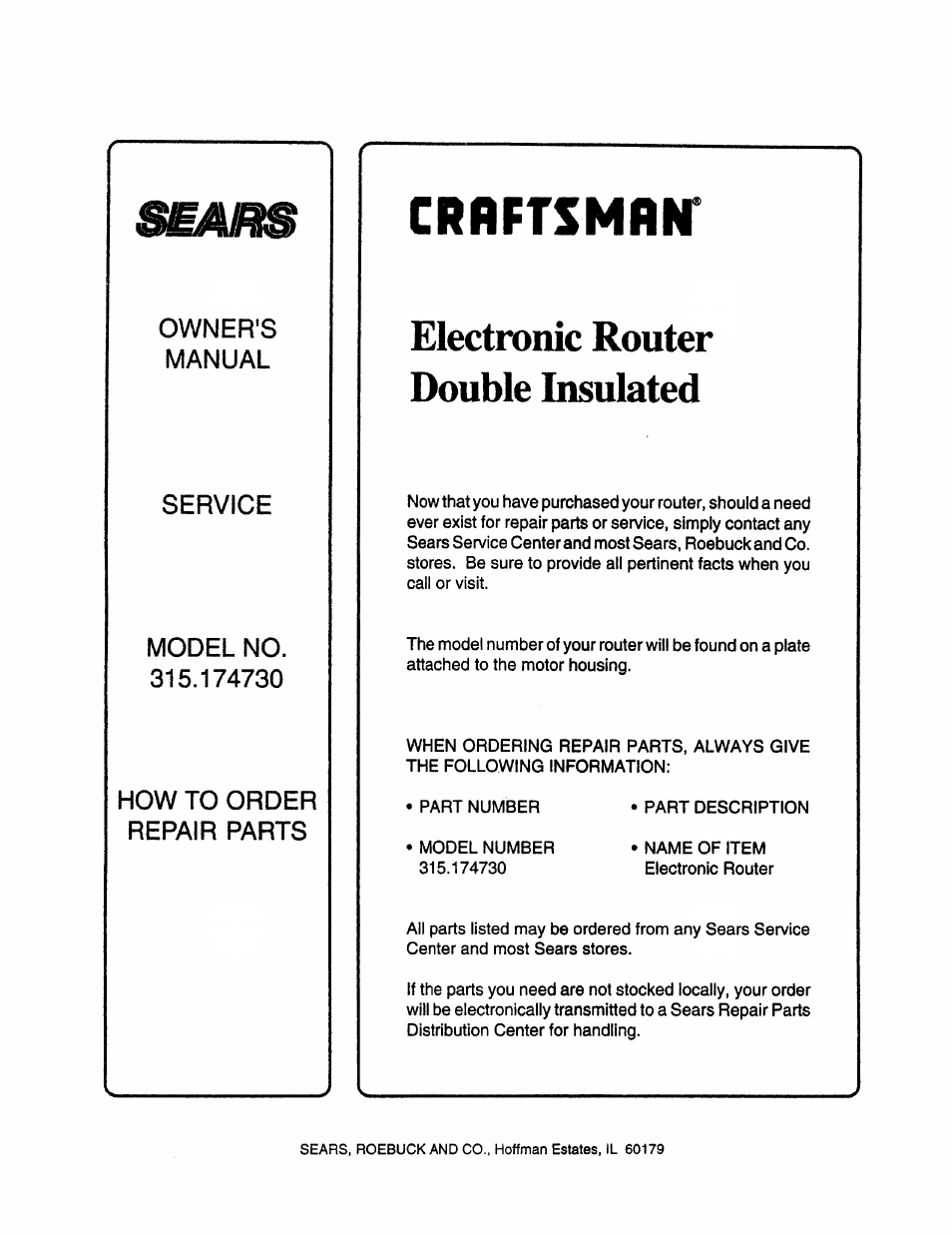 Electronic router double insulated, Crrftsmmr, Sears | Sears 315.17473 User Manual | Page 16 / 16