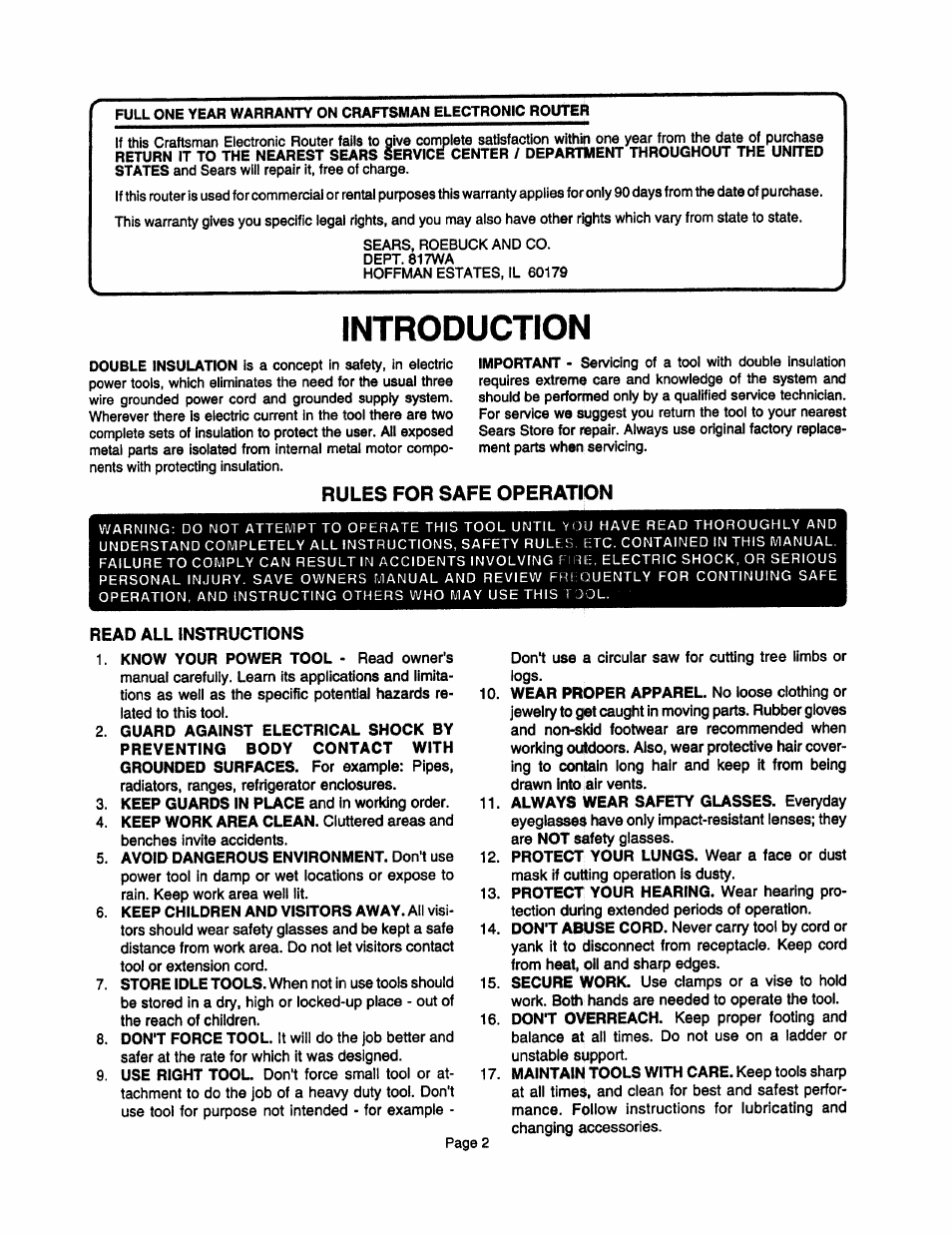 Introduction, Rules for safe operation, Read all instructions | Sears 315.17473 User Manual | Page 2 / 16