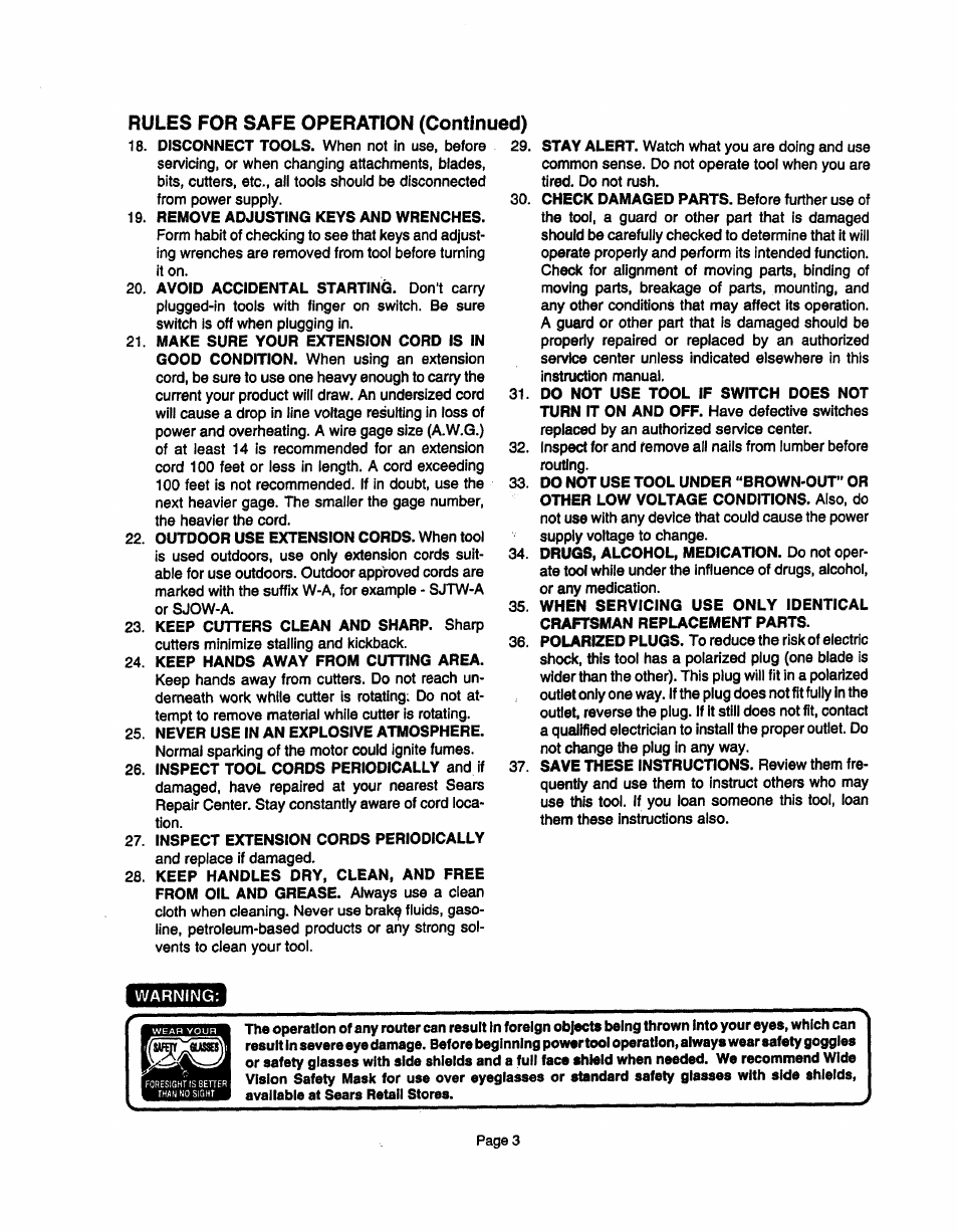 Rules for safe operation (continued) | Sears 315.17473 User Manual | Page 3 / 16