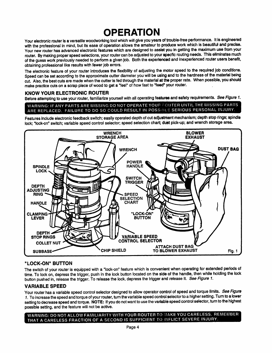 Know your electronic router, Lock-on“ button, Variable speed | Operation | Sears 315.17473 User Manual | Page 4 / 16