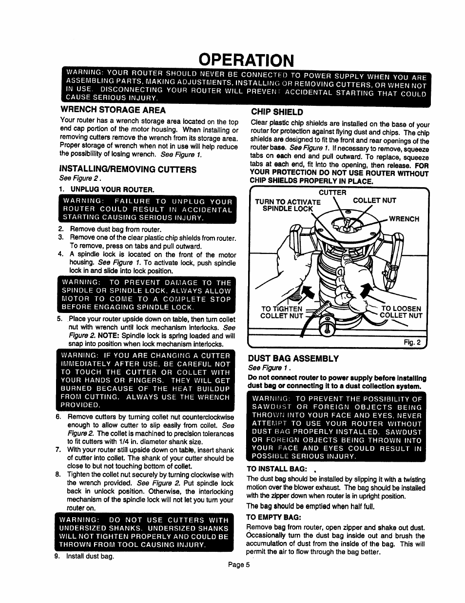 Wrench storage area, Installing/removing cutters, Unplug your router | Chip shield, Dust bag assembly, To install bag, The bag should be emptied when half full, To empty bag, Operation | Sears 315.17473 User Manual | Page 5 / 16