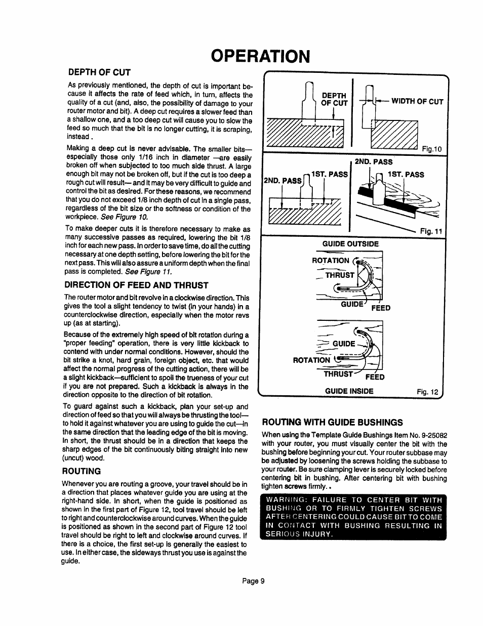 Depth of cut, Direction of feed and thrust, Routing | Routing with guide bushings, Operation, Guides | Sears 315.17473 User Manual | Page 9 / 16