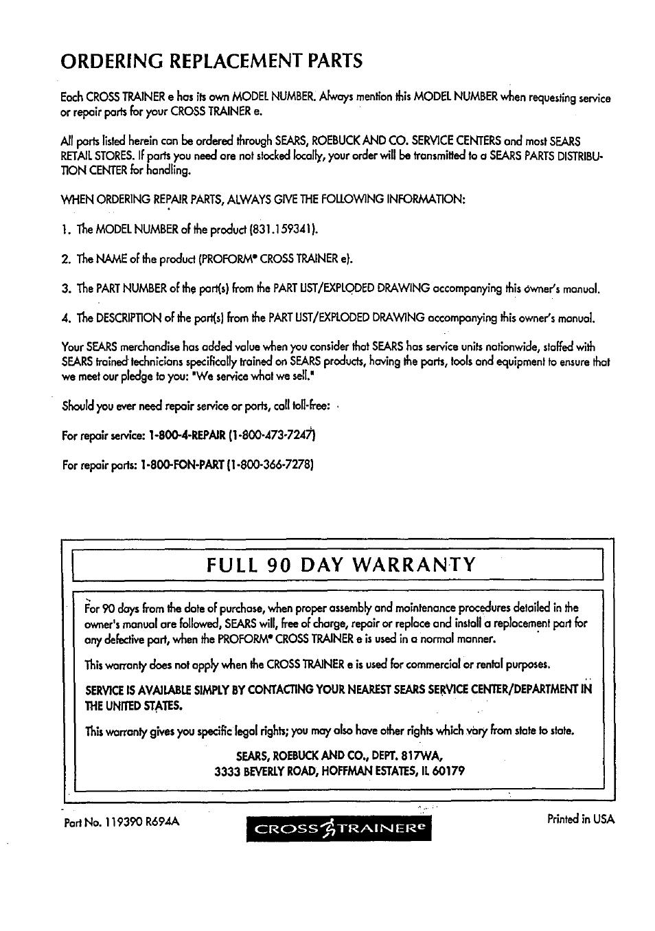 Ordering replacement parts, Full 90 day warranty | Sears 831.15934 User Manual | Page 26 / 26