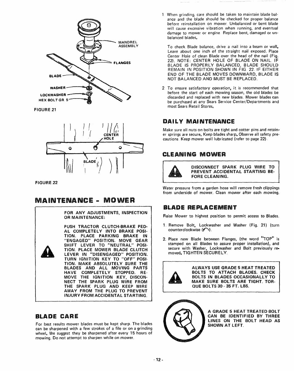 Maintenance - mower, Cleamino miower, Blade replacement | Blade care, Daily fmaintenaiyce | Sears 917.255741 User Manual | Page 12 / 44