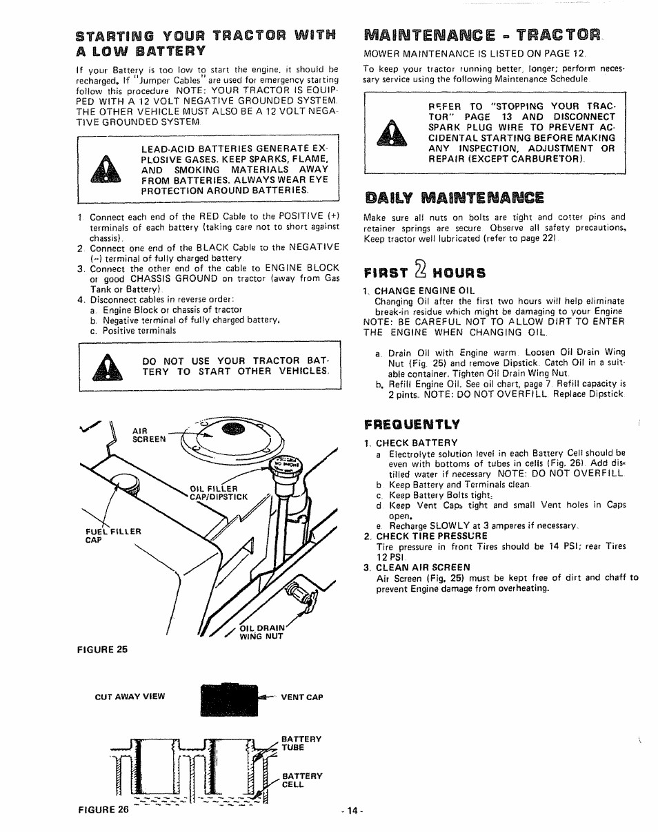 Maiwtewawce - tractoi, Daii.y, Mmujeumcb | Smbtiwg you« tractor with a low battery, First ¿a hours, Frequently | Sears 917.255741 User Manual | Page 14 / 44