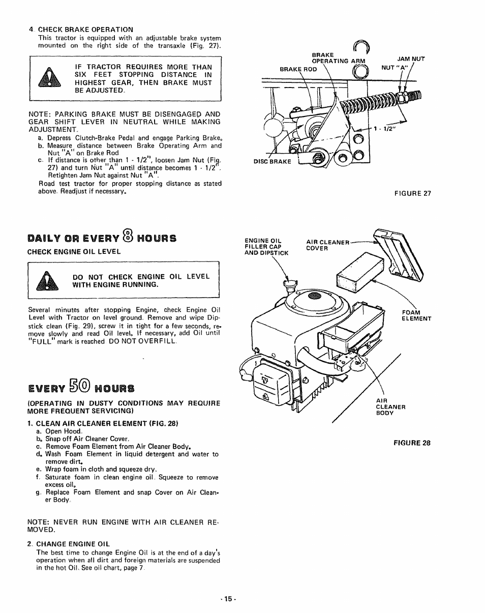 Check engine oil level, Do not check engine oil level with engine running, 1, clean air cleaner element (fig, 28) | D^il¥ or e¥ery, E¥iry hours, Hours | Sears 917.255741 User Manual | Page 15 / 44