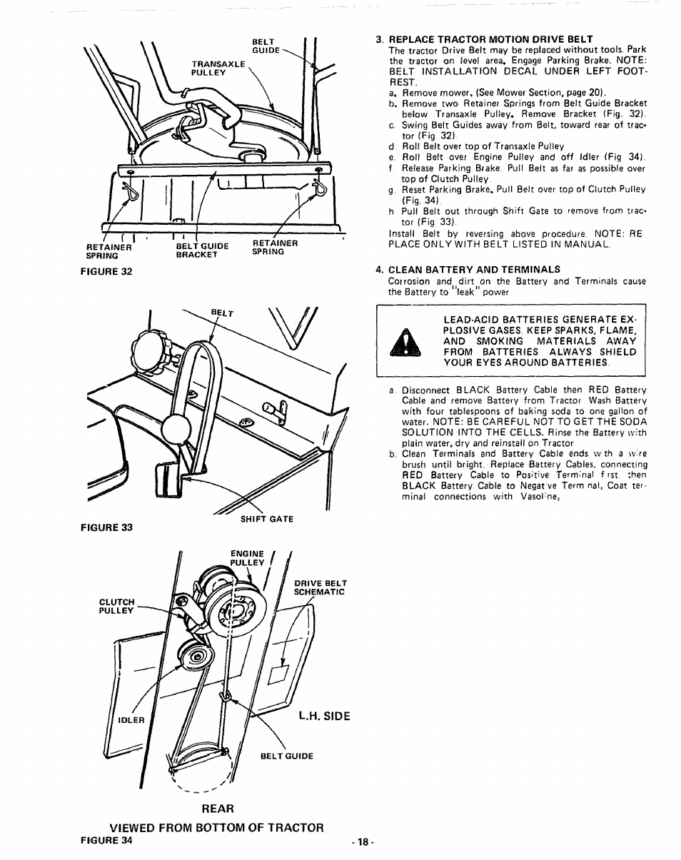 Replace tractor iwotion drive belt, Clean battery and terminals, Rear | Viewed from bottom of tractor, Figure 34 | Sears 917.255741 User Manual | Page 18 / 44