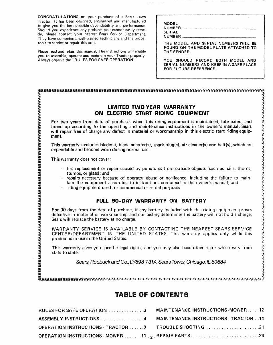 Full 90-day warranty on battery, Table of coimtents | Sears 917.255741 User Manual | Page 2 / 44