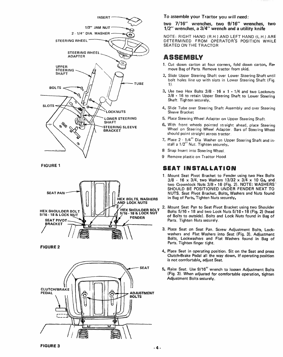 To assemble your tractor you will need, Two 7/16" wrenches, two 9/16" wrenches, two, 1/2" wrenches, a 3/4" wrench and a utility knife | Assembly, Seat liistallatlqii | Sears 917.255741 User Manual | Page 4 / 44