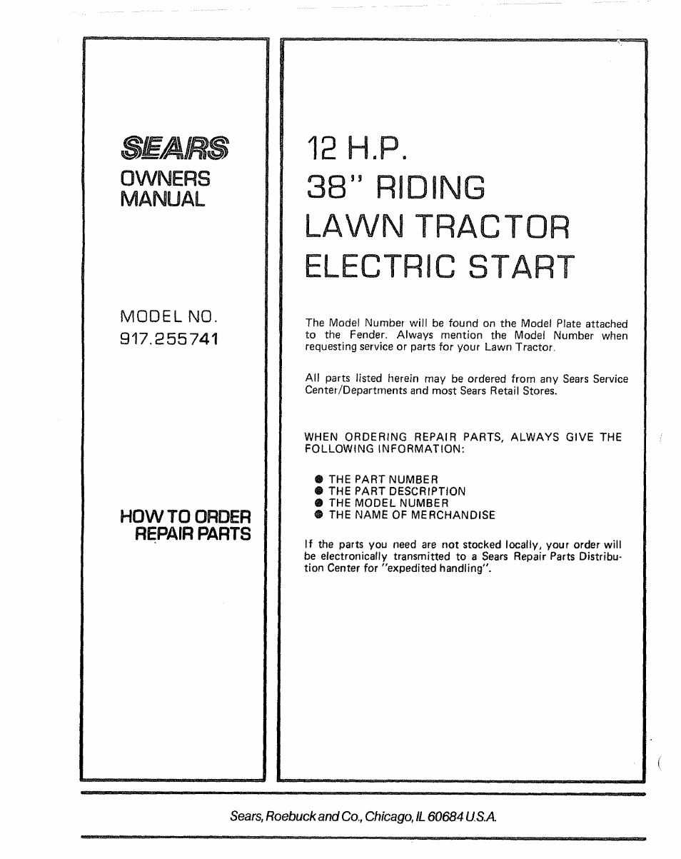 12 h.p. 38” riding lawn tractor electric start | Sears 917.255741 User Manual | Page 44 / 44