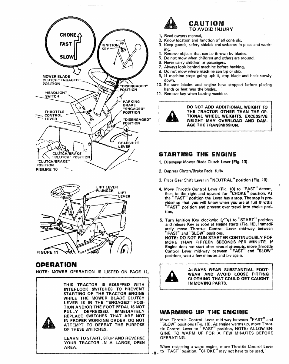 Opepation, To avoid injury, Startimo thi efyeinie | Warming up the engine | Sears 917.255741 User Manual | Page 8 / 44