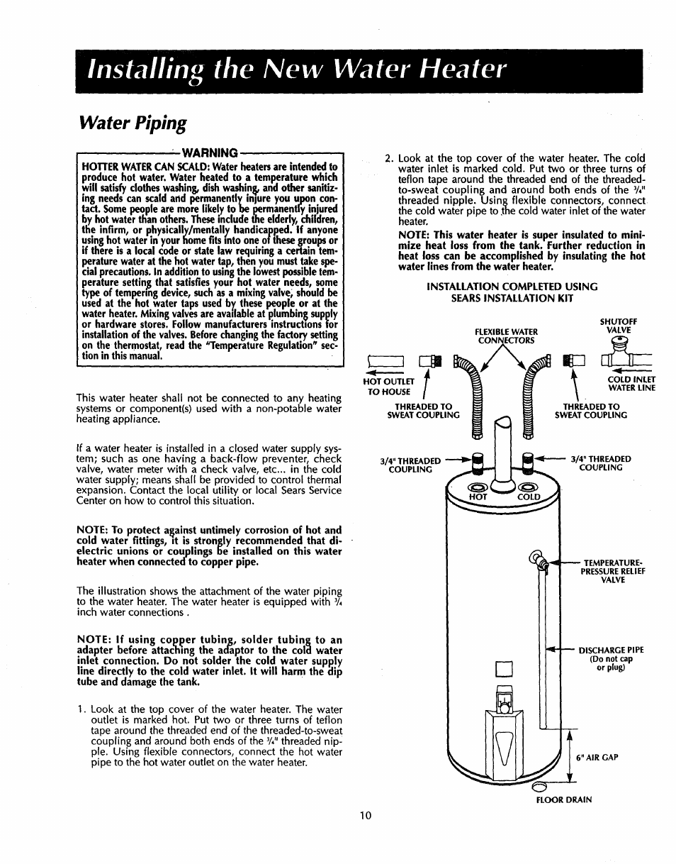 Water piping, Warning, Gas piping | Installing the new water heater | Sears 153.33535 User Manual | Page 10 / 32