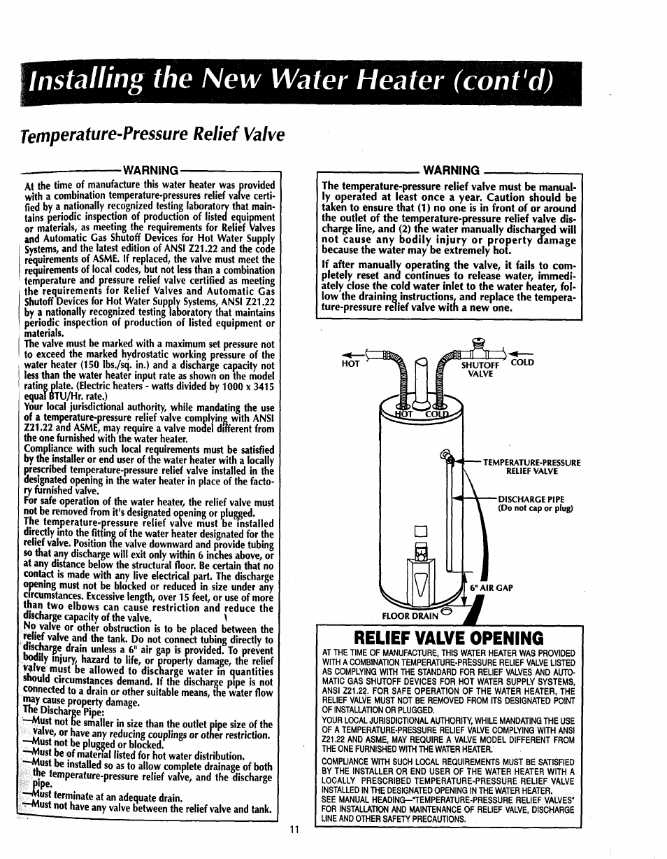 Temperature-pressure relief valve, Warning, Installing the new water heater (cont'd) | Relief valve opening | Sears 153.33535 User Manual | Page 11 / 32