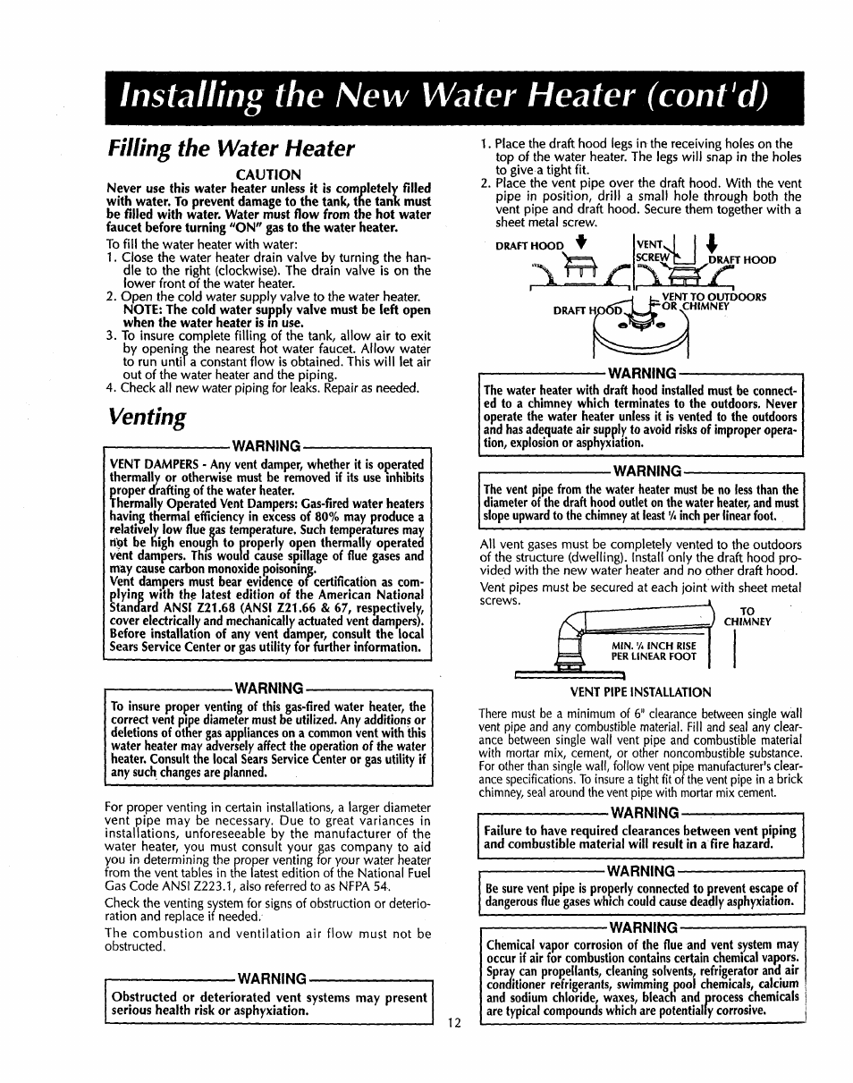 Filling the water heater, Caution, Venting | Warning, Installing the new water heater (cont'd) | Sears 153.33535 User Manual | Page 12 / 32