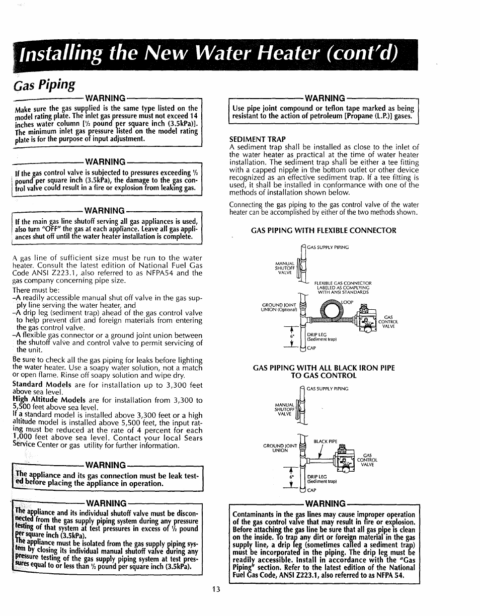 Gas piping, Warning, Sediment trap | Gas piping with flexible connector, Gas piping with all black iron pipe to gas control, Water piping, Installing the new water heater (cont'd) | Sears 153.33535 User Manual | Page 13 / 32