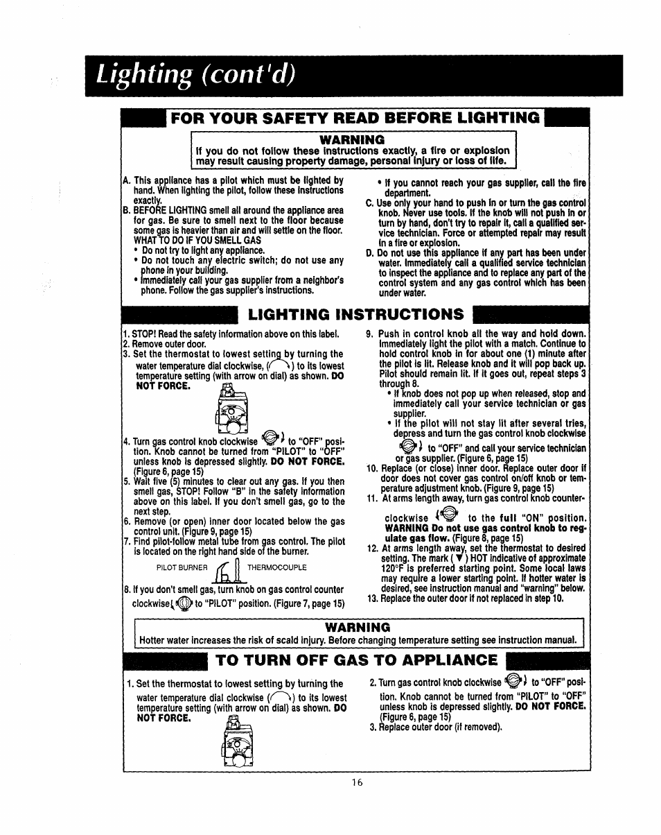 Lighting (cant'd), For your safety read before lighting, Lighting instructions | Turn, Appliance, Off gas to | Sears 153.33535 User Manual | Page 16 / 32