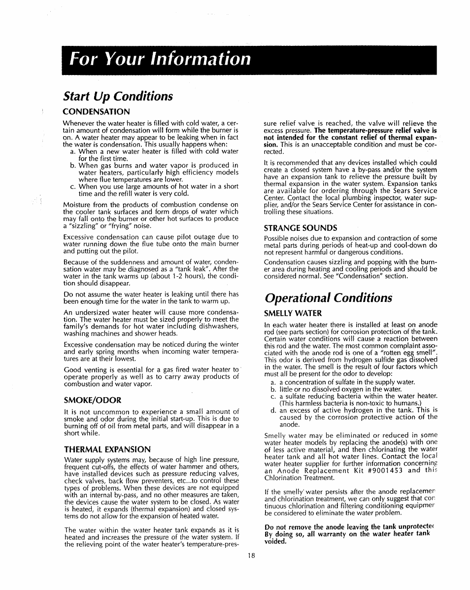 For your information, Start up conditions, Condensation | Smoke/odor, Thermal expansion, Strange sounds, Operational conditions, Smelly water, Is 19, Condensation smoke/odor | Sears 153.33535 User Manual | Page 18 / 32