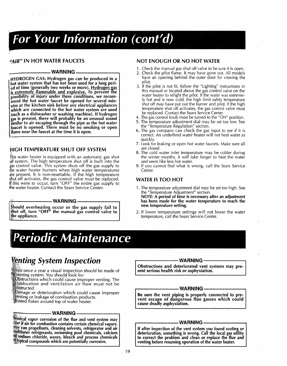 For your information (cont'd), Warning, Periodic maintenance | Venting system inspection | Sears 153.33535 User Manual | Page 19 / 32